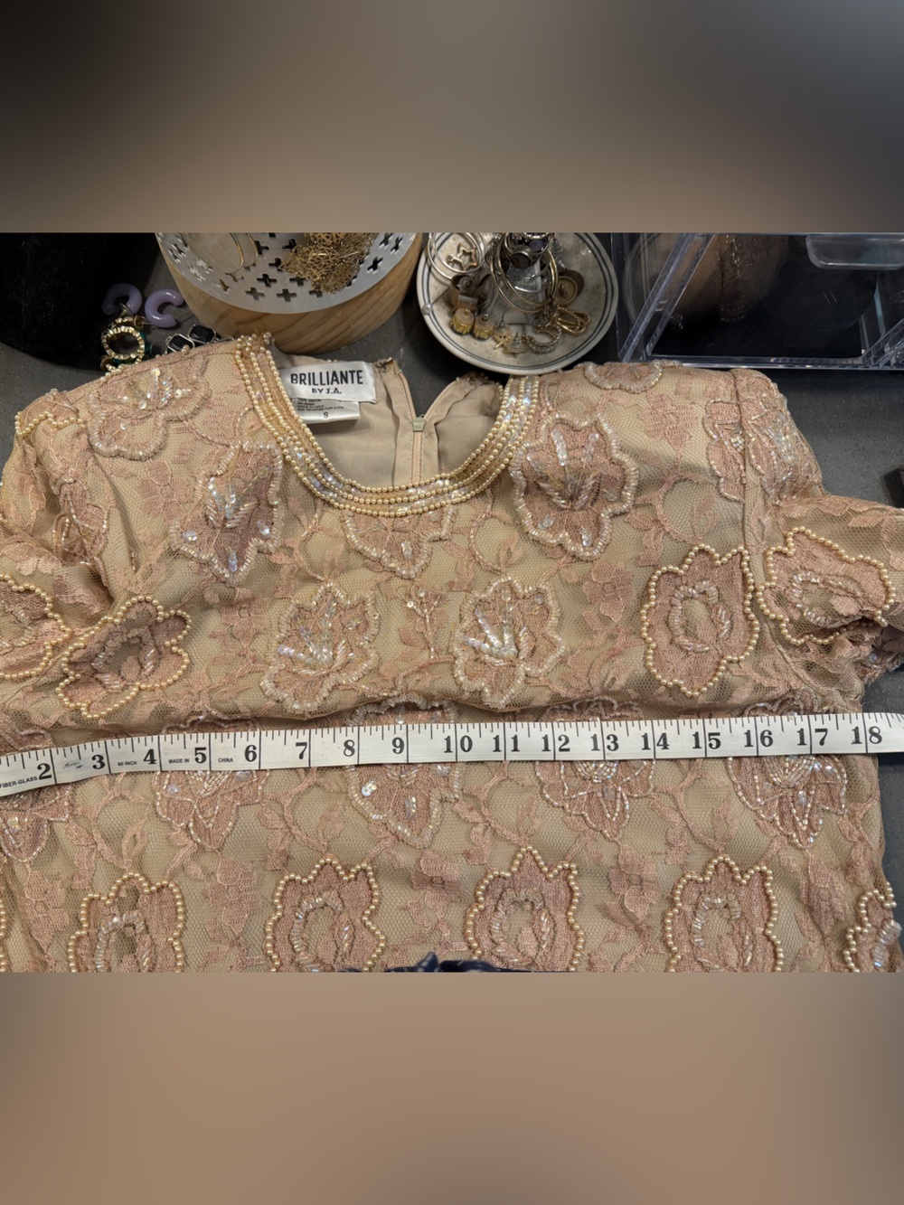 Elegant Tan/Cream Lace Beaded Midi Dress… Beautiful condition! - Picture 7 of 9